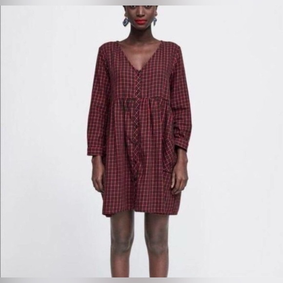Zara Red Green Plaid Button Front Oversized Babydoll V-Neck Mini Dress - Large - Picture 1 of 12